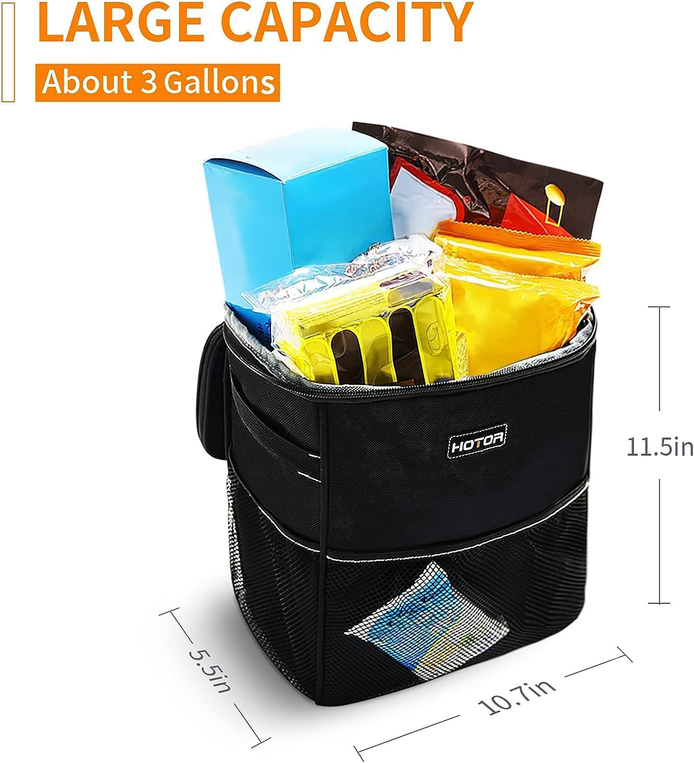 HOTOR 3 Gallons Car Trash Can, Ultra Large Capacity Organizer and Storage with Adjustable Straps & Magnetic Snaps, Waterproof Car Accessory for Interior Car Stuff Storage, Black