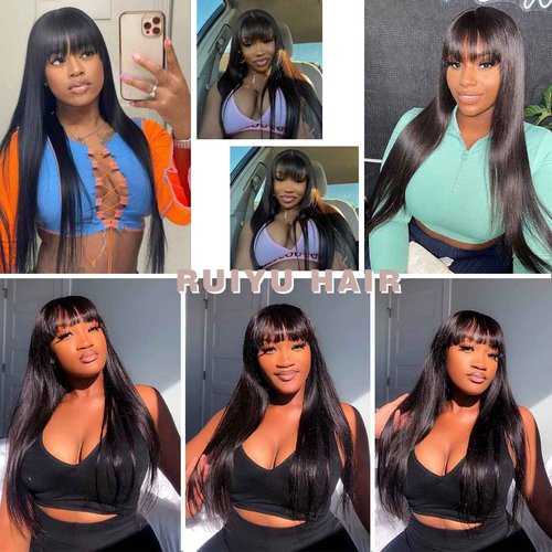 Ruiyu Straight Human Hair Wigs with Bangs 180% Density 2x4 Lace Front Wigs with Bangs Closure Wear and Go Glueless Wigs 100% Brazilian Virgin Human Hair Wigs for Women 16 Inch