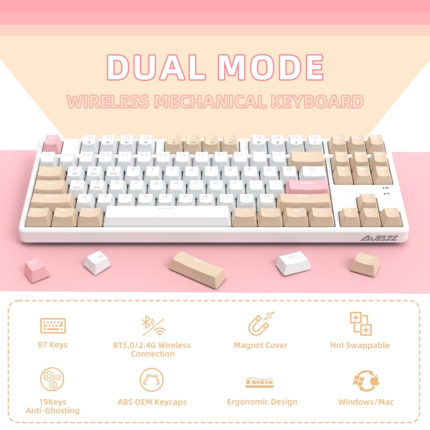 A.JAZZ Wireless Mechanical Keyboard, 87 Keys TKL Hot Swappable Bluetooth Gaming Keyboard, Dual Mode BT5.0/2.4G with Detachable Frame, USB Hub OEM Keycaps Custom Keyboard for PC Gamer Xbox(Red Switch)