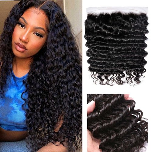 13x6 Lace Frontal Only Deep Wave Closure Natural Hairline Pre Plucked Baby Hair Brazilian Virgin Human Hair High Density Bleached Knots 18 Inch For Black Woman