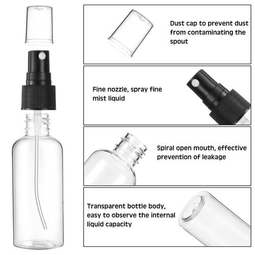 Roshtia 300 Pcs 2 oz Plastic Mini Spray Bottles with Black Cap Clear Empty Fine Mist Spray Bottles Refillable Liquid Container for Essential Oils Perfumes Travel Makeup