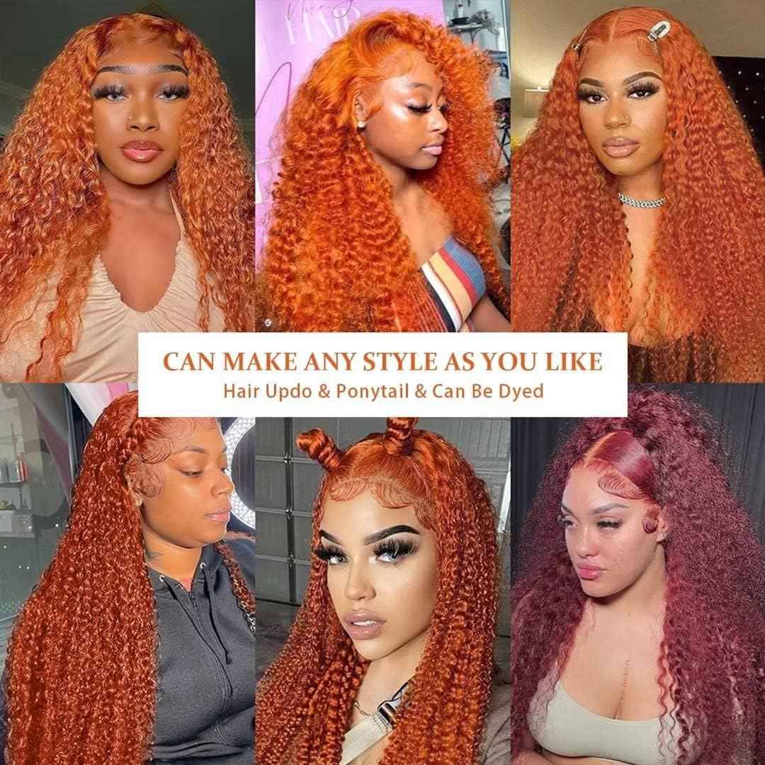 Ginger Orange Lace Front Wigs Human Hair 13x4 Deep Wave Lace Front Wigs For Black Women 180% Density Curly Glueless Colored Wigs 350# HD Transparent Ginger Wig Pre Plucekd Hairline With Baby Hair
