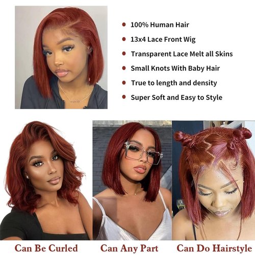 RQY Reddish Brown Bob Wig Human Hair 13x4 Color Straight Lace Front Wigs Human Hair Bob 180% Density Short Brown Lace Front Wigs Human Hair Per Plucked with Baby Hair（33# Brown Bob Wig 14inch）