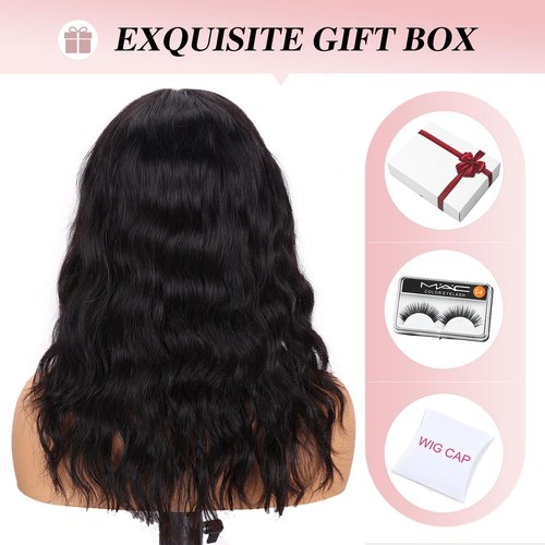 Fancy Hair Natural Wavy Human Hair Wig with Bangs NO Lace Glueless Body Wave Brazilian Virgin Hair Wigs with Bangs for Black Women Natural Black 16 Inch