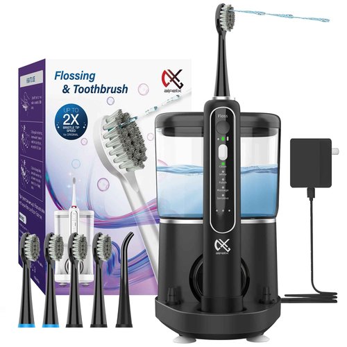 Alfelix Professional Flossing Electric Toothbrush with Water Flosser, 2 in 1 Toothbrush and Water Flosser Combo, Sonic Electric Toothbrush Cordless Flossing Brush (Black)