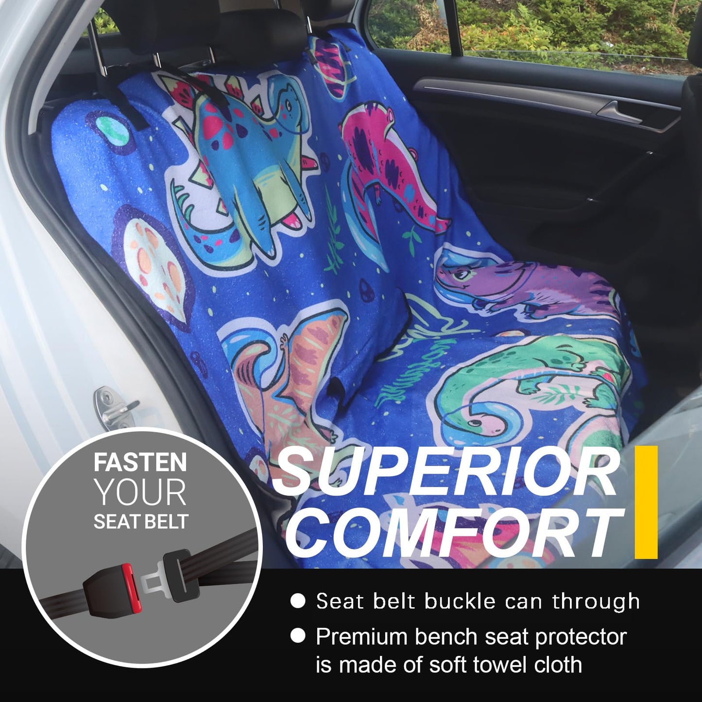 LoyaGour Back Seat Cover for Car Trucks Van SUV,Waterproof Rear Bench Towel Seat Covers for Dogs and Kids,Automotive Backseat Protector (Cartoon Dinosaur)