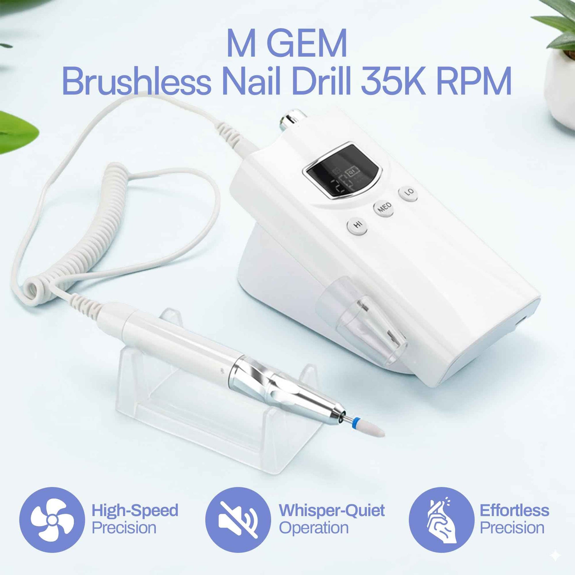 M GEM Brushless Nail Drill 35K RPM | Professional Cordless Efile Machine | Rechargeable Electric Nail File with Bits | Portable Quiet Low Vibration Tool for Acrylic, Gel, Natural Nails (White)