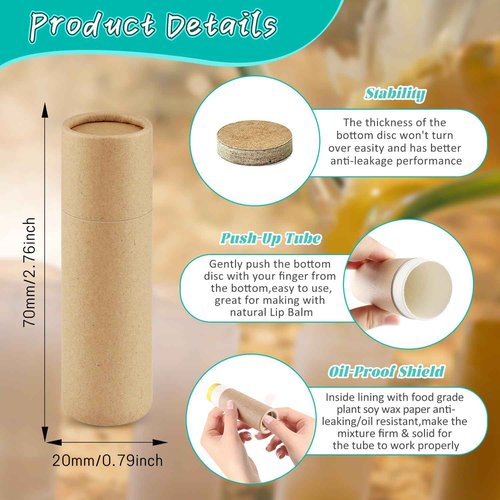 DMuuuDM 50 Pcs 0.3 oz Paperboard Lip Balm Tube,Empty Kraft Paper Chapstick Tube Holder,Push-Up Style Biodegradable Solid Perfume Lip Gloss Container for Lip Balm,Natural Compostable Container - Brown