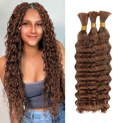 Deep Wave Human Braiding Hair for Boho Braids – 20 Inch 120g 3 Bundles/Pack Auburn Ginger, 100% Unprocessed 12A Brazilian Virgin Hair Bulk, No Weft, Wet & Wavy Curly Knotless Extensions