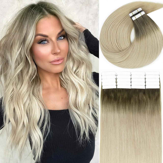 Lacer Natural Tape In Extensions Human Hair Light Ash Brown Roots Light Platinum Blonde Hair Extensions Straight Human Hair Tape In Extensions Skin Weft Tape Extensions Human Hair 16inch 40Pcs 100G