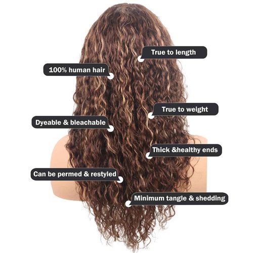 ManeMajesty 22 Inch Wet and Wavy Wig with Bangs, Glueless Non-Lace Front, 150% Density Brazilian Virgin Human Hair, Machine Made Curly Bob Wig for Women, Fs4/27 Brown with Blonde