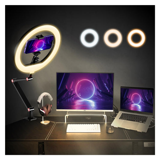 APEXEL 10" Ring Light for Desk, Ring Light with Stand and Phone Holder, Overhead Camera Mount with C-Clamp, 360° Rotate & Adjust Arm for Photography/Makeup/Live Stream Video/YouTube
