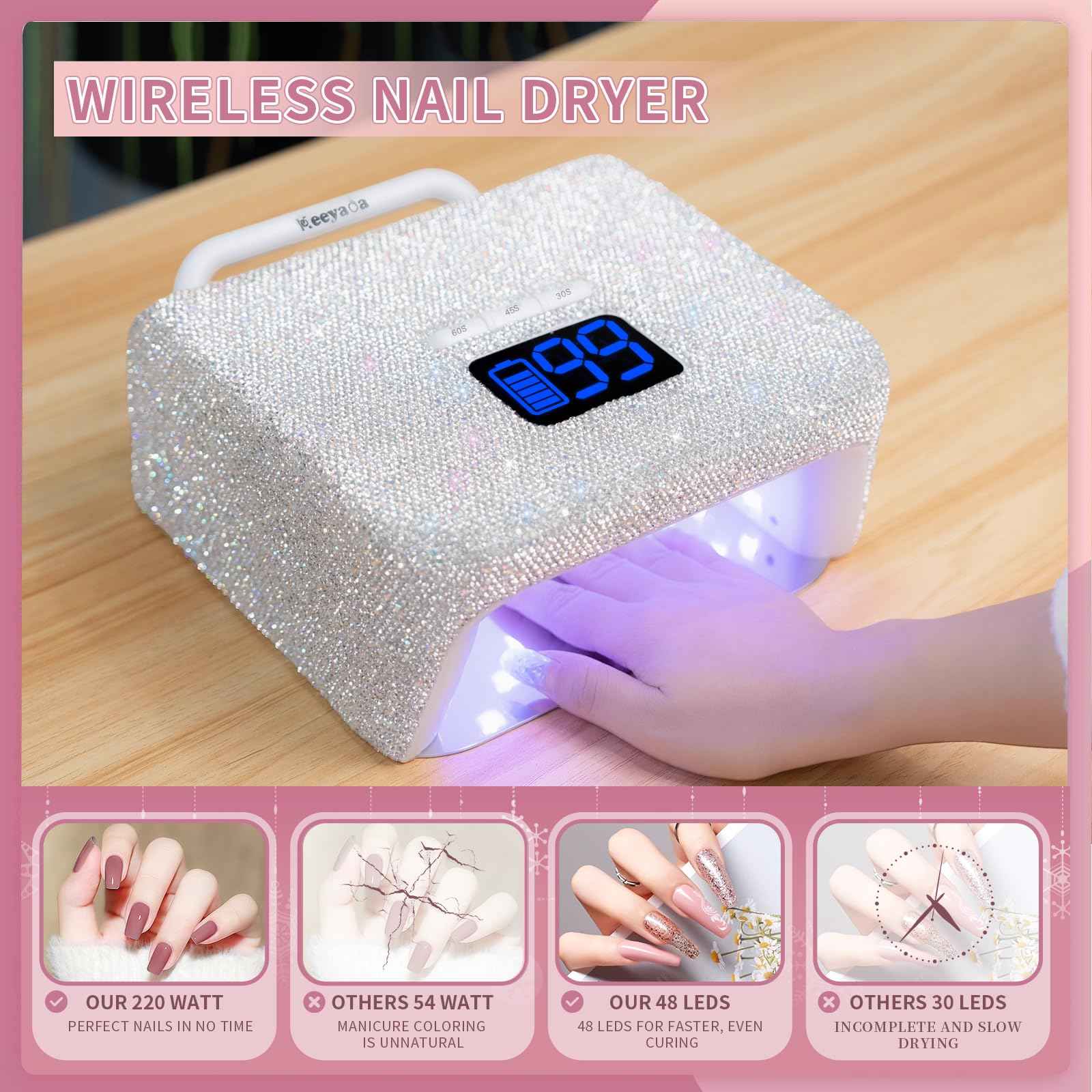 keeyada 220W UV LED Nail Lamp, UV Light for Gel Nails, Wireless Rechargeable Professional Curing Lamp, with Portable Handle and Sparkly Rhinestones, LCD Display, Easy to Carry for Salon & Home
