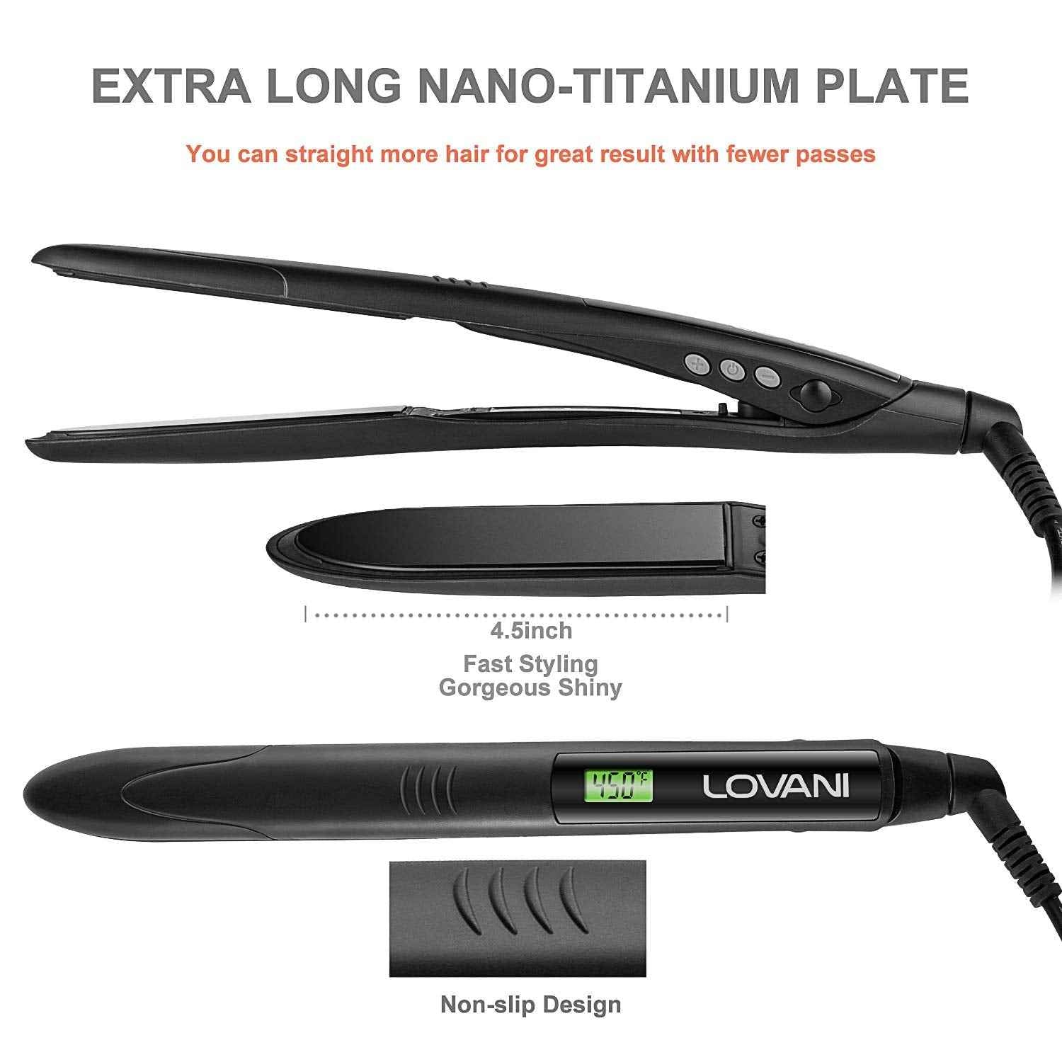 LOVANI Titanium Flat Iron, 450F High Heat Hair Straightener with Digital LCD, Dual Voltage, Auto Shut Off, Heat Resistant Bag, Glove and 2 Hair Clips (7 Piece Set), Black