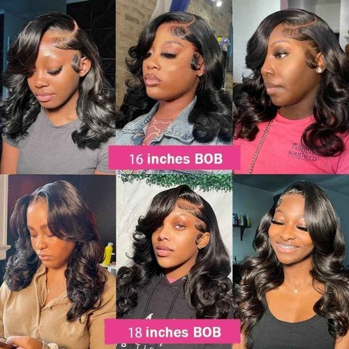 Caijuxing 16 Inch Bob Wig Human Hair 13x6 HD Lace Frontal Wig 220% Density Body Wave Lace Front Wigs Human Hair Pre Plucked Bob Wigs for Women Natural Black