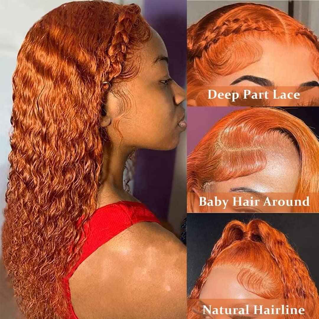 Ginger Orange Lace Front Wigs Human Hair 13x4 Deep Wave Lace Front Wigs For Black Women 180% Density Curly Glueless Colored Wigs 350# HD Transparent Ginger Wig Pre Plucekd Hairline With Baby Hair