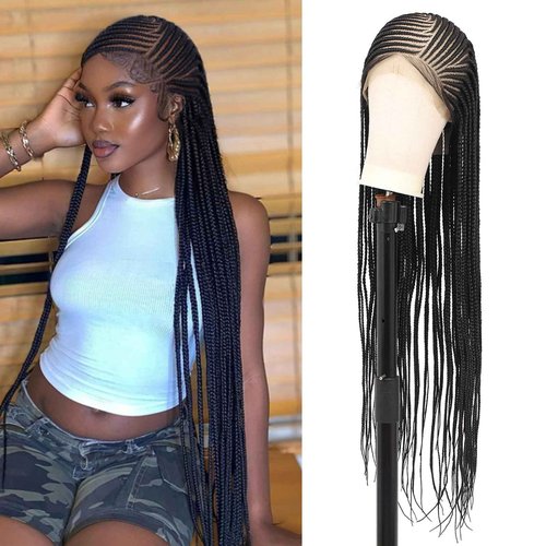 Fecihor 13x8 Inch HD Lace Front Cornrow Braided Wigs For Women Box Braid Wig With Baby Hair Back Lemonade Braids 36" Black Premium Synthetic Box Braided Wig Transparent Lace Front Braids Wigs