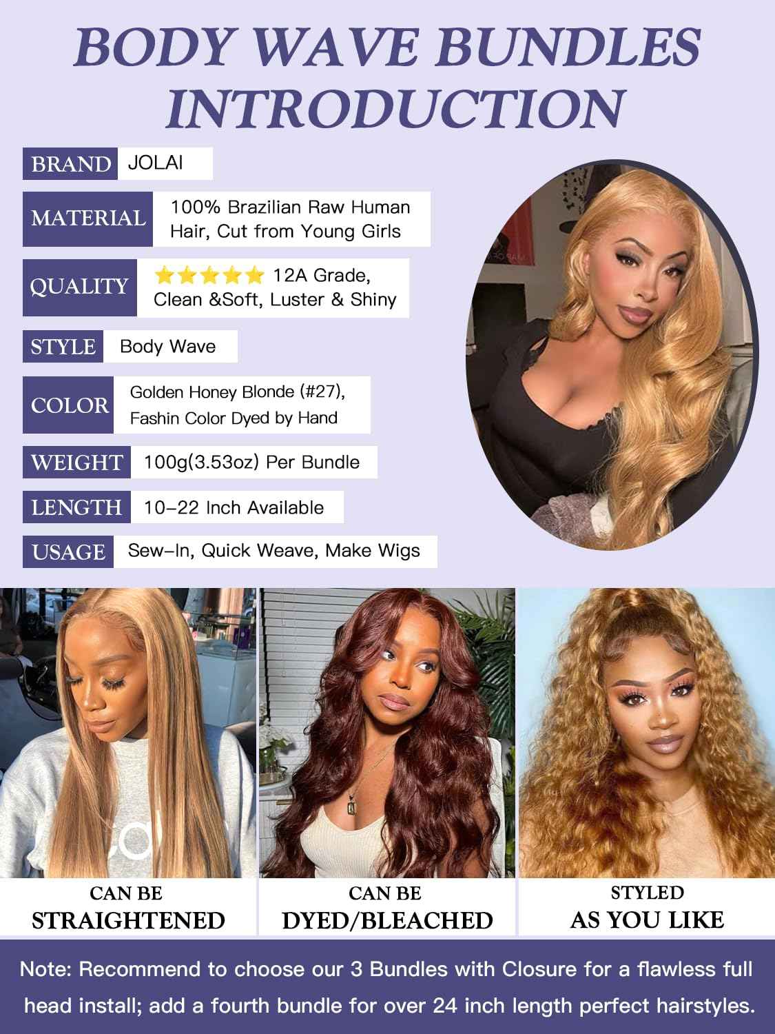 Honey Blonde Bundles with Closure Human Hair Body Wave 10 12 14+10 Inch, Color 27 Golden Ash Blonde 3 Bundles with 4x4 HD Closure 12A 100% Raw Brazilian Virgin Hair Sew In Weave with 4x4 Closure #27
