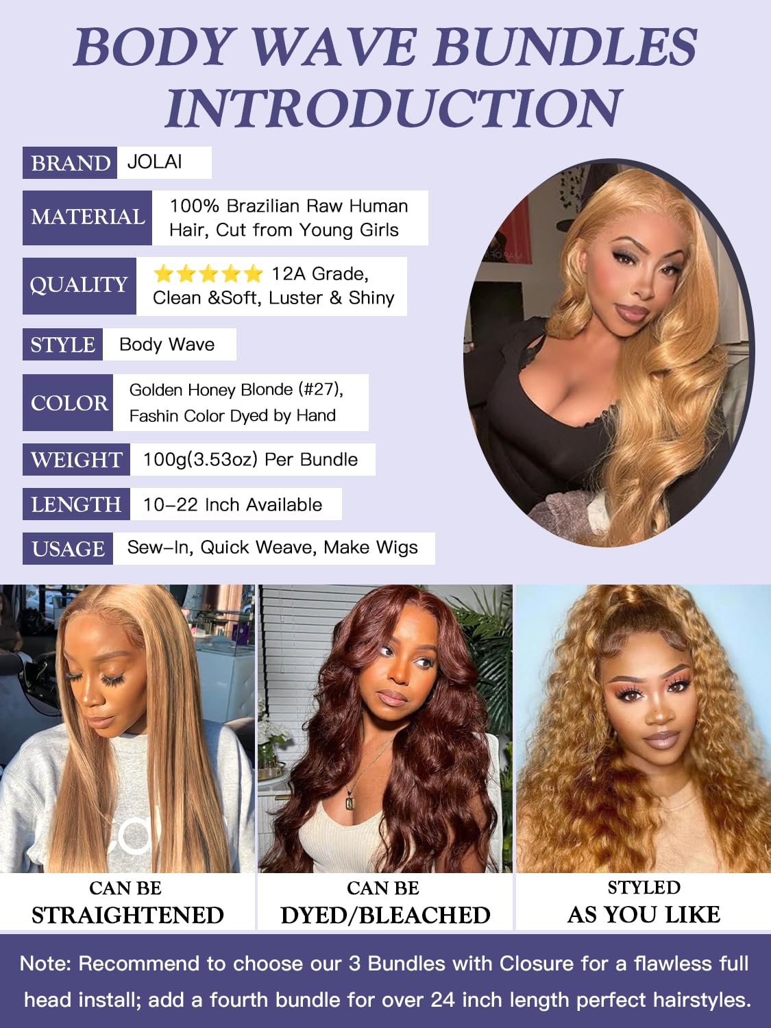 Honey Blonde Bundles Human Hair 10 12 14 Inch, Color 27 Golden Ash Blonde Body Wave Bundles Sew In Weave Tracks, Loose Wavy 100% Unprocessed Brazilian Raw Virgin Hair, Double Weft 3 Bundles Color #27