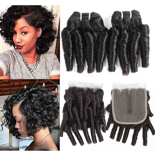 Molefi Brazilian Funmi Hair Curly Weave 3 Bundles with Lace Closure 2x4 T Burmese Curly Bundles Human Hair with Closure 100% Human Hair Extensions 100g/pc Natural Black (10 12 14+10)