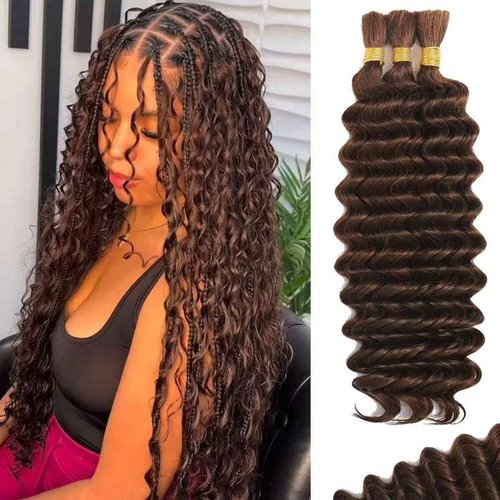 24 Inch Human Braiding Hair for Boho Braids 120g No Weft 3 Bundles/Pack Deep Water Wave Boho Bulk Human Hair 100% Virgin Hair Extensions for Knotless Braiding Curly Wet and Wavy Bohemian Natural Brown