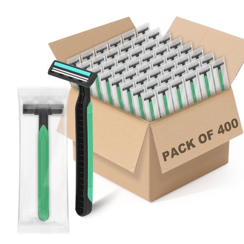 Fafortune Disposable Twin Blade Razors in Bulk, Individually Wrapped - Clear Safety Cap, For Homeless, Hotel, Airbnb, Travel (pack of 400,green)