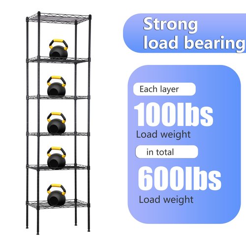BestOffice | 6-Tier Wire Storage Shelves | 17x12x64 | Black | with Adjustable Racks | Heavy-Duty Metal Shelf, Holds Upto 600 lbs | No-Tool Assembly | Ideal for Home & Garage Shelving
