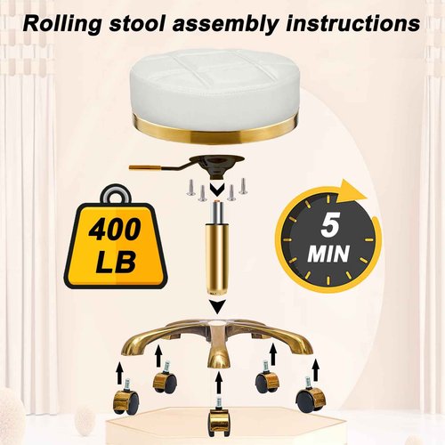 Gold Rolling Vanity Stool with Wheels, Padded Seat, Adjustable Round Rolling Chair, Office Work Stool, Pedicure Salon Spa Massage Esthetician Chair For Hair Salons, Spas, Tattoo (white, Without Back)