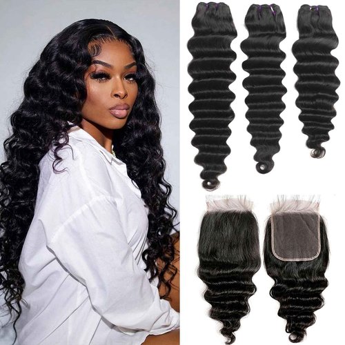 Pinjuoo Loose Deep Wave 3 Bundles with 4x4 HD Lace Closure 16 18 20+14 Inch 100% Unprocessed Remy Brazilian Hair Wet and Wavy Bundles with Closure Human Hair Natural Black Color for Women