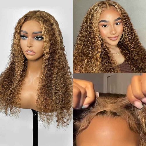 Smilegirl Highlight Glueless Wigs Human Hair Pre Plucked Pre Cut Ombre Honey Blonde Curly Lace Front Wig for Black Women 5x5 HD Lace Closure Wig for Beginners 180 Density