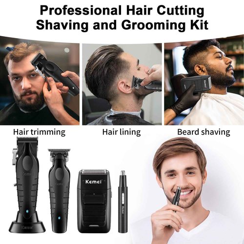 KEMEI Professional Hair Clippers for Men, Cordless Barber Clipper Beard Trimmer Foil Shaver Nose Eyebrow Ear Trimmer Set, USB Charging Complete Electric Hair Cutting Kit with 11 Guide Combs