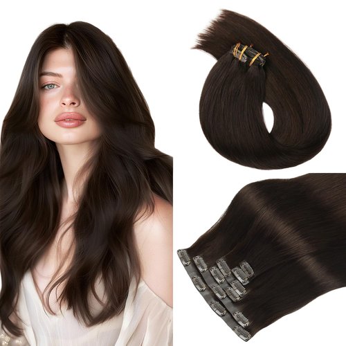 Worldstar Seamless Clip in Real Human Hair Extensions, #2 Dark Brown 6pcs 110g 16Inch,Invisible Clip in Hair Extensions Human Hair For Women,Invisible PU Skin Weft Straight Hair (pu#2-16)