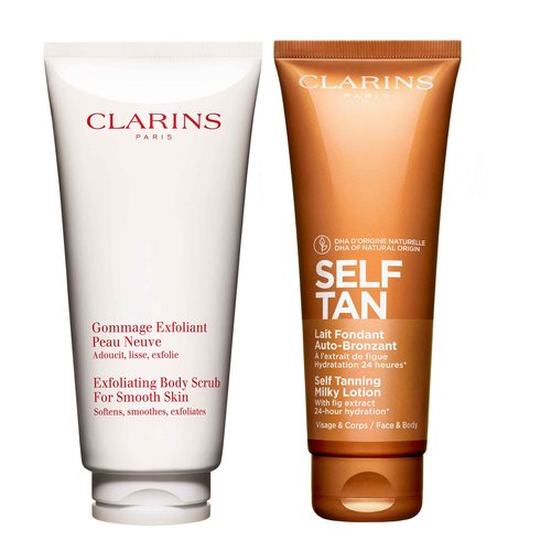 Clarins Self Tanning Milky Lotion and Exfoliating Body Scrub for Smooth Skin Bundle | Self Tanner for Face and Body | Buildable Tan | Softening and Smoothing Body Scrub | All Skin Types