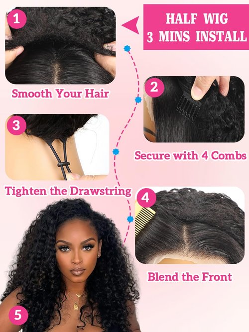 yosly Half Wig Human Hair Water Wave Glueless Wigs Curly Half Wig 3 In 1 Adjustable Drawstring Seamless Flip Over Invisible Hairline Wear Go Beginner Friendly Curly Half Wigs for Women 16 Inch