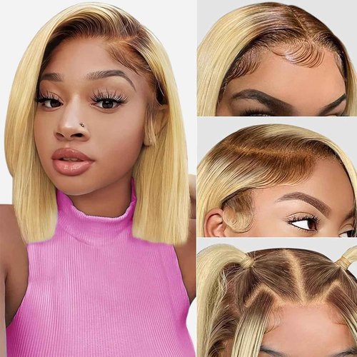 Msviki 13x4 Blonde Ombre Bob Wig with Dark Roots Brazilian Remy Human Hair Double Drawn 180% Density Short Straight Wig Preplucked UHD Transparent Lace Frontal Wigs for Women 12inches