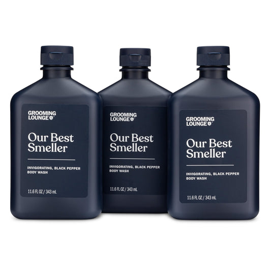Grooming Lounge Our Best Smeller Body Wash - Moisturizing, Clarifying Travel Shower Scrub - Fresh, Classic, Suave Fragrance of Acai, Aloe Vera, Seaweed, and Black Pepper - Dry Skin Defense - 3 pack