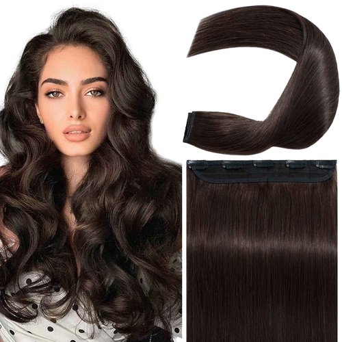 S-noilite Clip in Human Hair Extensions - 100% Real, One Piece/5 Clips, 3/4 Full Head - Thicker Hair, Clip-IN Standard Weft - Straight Soft (18"-90g, #02 Dark Brown)