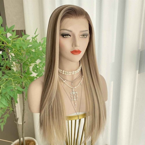 VASTCURY Ash Blonde Wigs Highlight Brown Ombre Color 13x4 Synthetic Fiber Lace Front Wig Long Silky Straight 22Inch Pre Plucked Hairline for Women