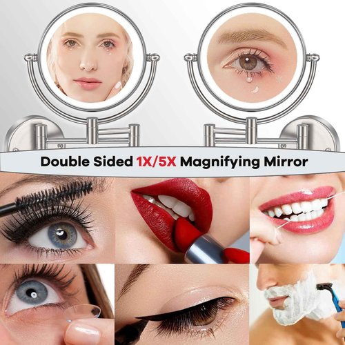 RECKODOR Bathroom Magnifying Makeup Mirror Wall Mounted with Light, Hardwired 7W LED Lighted Vanity Mirror, 360 Swivel 17.7 Inch Brass Extension Arm, Touch Dimmable, Brushed Nickel