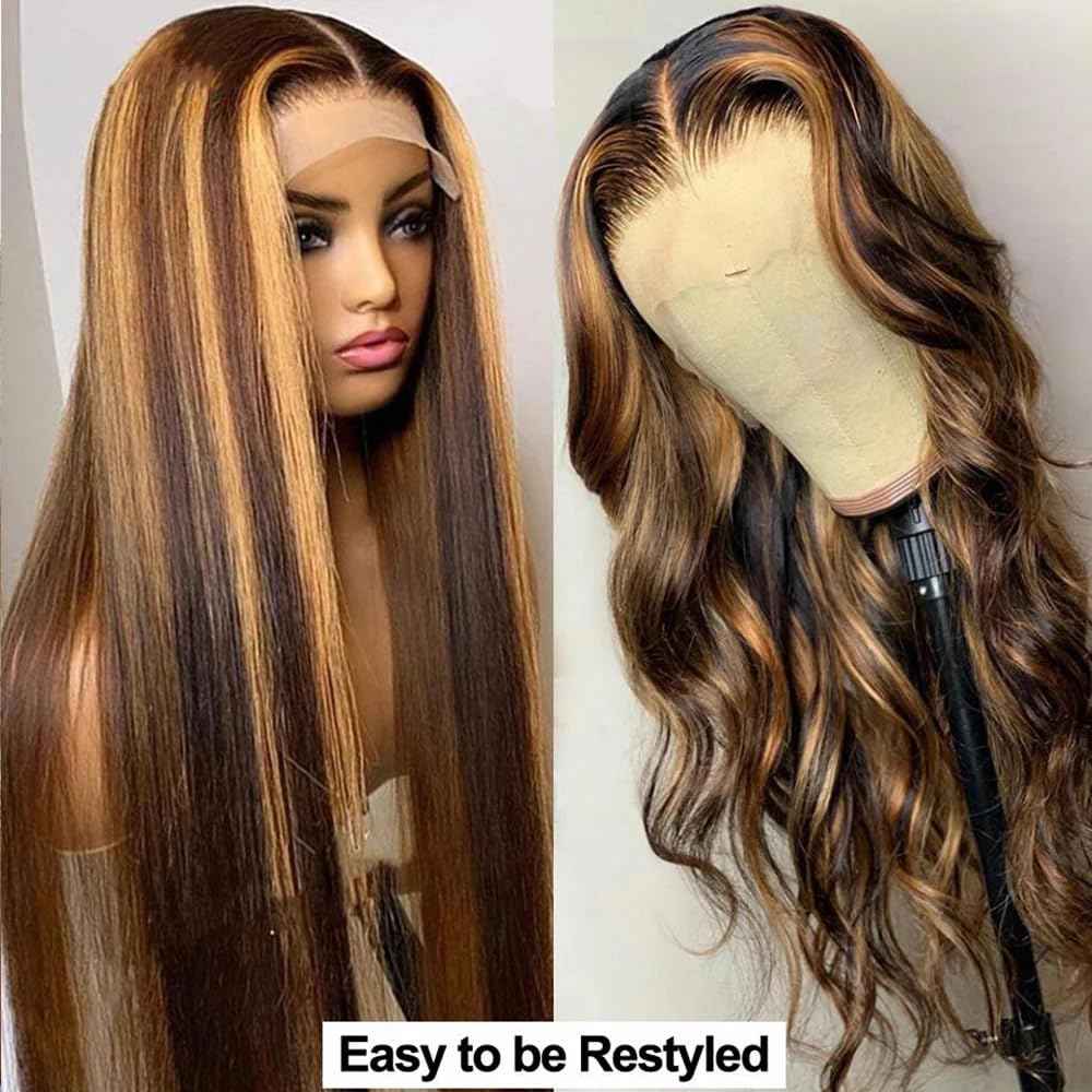 30 Inch Highlight Ombre Lace Front Wig - Human Hair, 180% Density, 13x4 Hd Transparent Lace, Honey Blonde, Straight