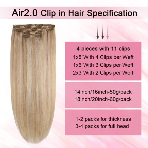 Sweetmet Air2.0 Clip in Hair Extensions Real Human Hair 20inch 4pcs #27p60 Caramel Blonde Mixed Platinum Blonde Remy Real Human Hair Extensions Clip ins 60g Thick Seamless Double Weft（#27p60-20inch）