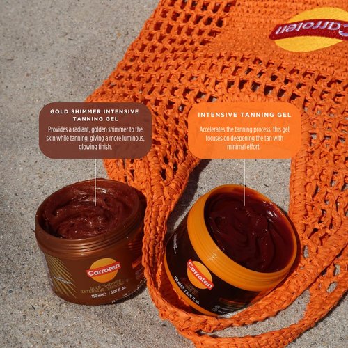 Carroten Gold Shimmer Tanning Gel | Browning Indoor/Outdoor Tan Accelerator | Non-Greasy, Water-Resistant with Carrot & Coconut Oil | Vitamin A & E For Moisture & Hydration | 5 oz (2 Pack) + Spatula