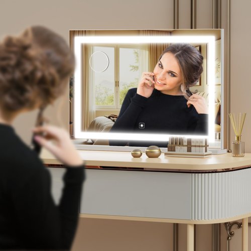 Gvnkvn Makeup Vanity Mirror with Lights 20" L x 26" W Large LED Makeup Mirror, Light up Mirror with 10X Magnification and USB Charging Port, Dimmable 3 Modes, Touch Screen Control White