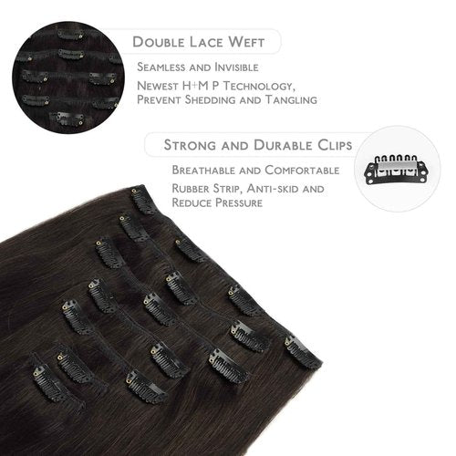 WENNALIFE Clip in Hair Extensions Real Human Hair, 20 Inch 120g 7pcs Remy Hair, Dark Brown Straight Natural Extensiones De Cabello Humano Con Clip Ins