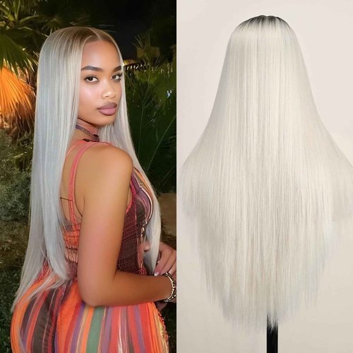 X-TRESS Platinum Blonde Synthetic Lace Front Wig Pre Plucked Ready to Wear 13x4x1 HD Glueless Straight Lace Front Wig for Women Natural Look Synthetic Heat Resistant Fiber Platinum Blonde Wig (26inch)