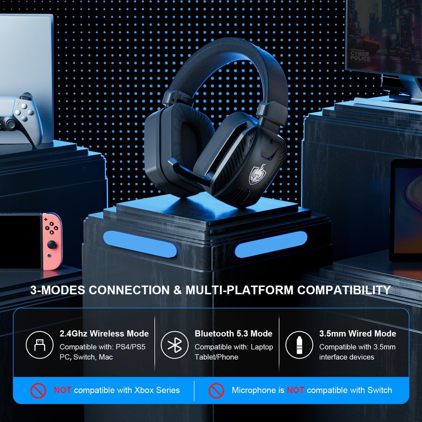 2.4GHz Wireless Gaming Headset for PS5, PS4, PC, Bluetooth 5.3 Gaming Headphones with Noise Canceling Mic, 7.1 Stereo Sound, 30+Hr Battery Gamer Headsets for Switch, Laptop, Mobile, Mac -Black