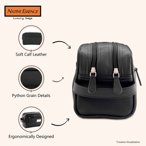 Leather Toiletry Bag, Black Genuine Calf Leather Travel Bag, Handmade DOPP Kit for Travel, Cosmetic Pouch, Luxury Shaving Bag, Bathroom Organizer, Stylish Grooming Kit for Men and Women Gift Packed