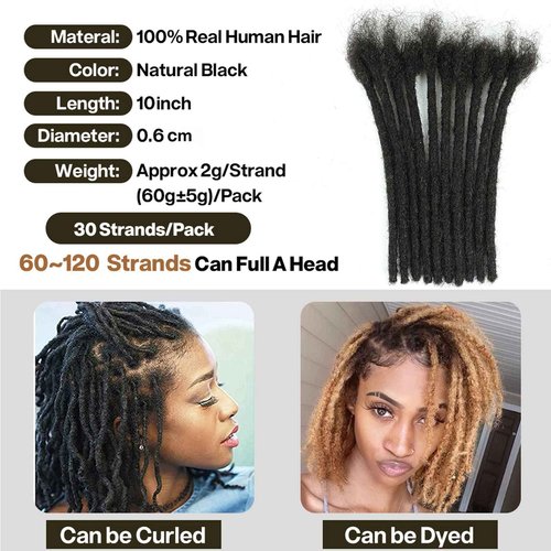 6-18 Inch Dreadlock Extensions Human Hair Fully Handmade Human Hair Dreadlock Extensions for Man/Women Locs Extensions Human Hair Can Be Dyed Bleached Curled… (0.6CM Width-1B, 10Inch-30Strands)