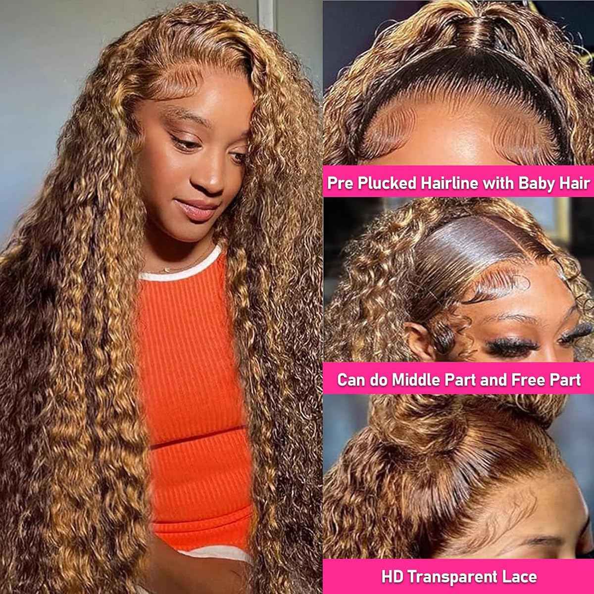 Highlight Lace Front Wig Human Hair 13x4 Ombre Deep Wave Wigs Human Hair 180% Density Honey Blonde Colored Deep Curly HD Lace Frontal Wigs for Black Women Wet Wavy Pre Plucked with Baby Hair(26 Inch)