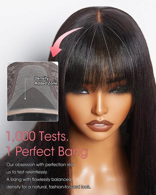 tunfine Straight Human Hair Wig with Bangs 4x6 Lace Closure Bang Wig 100% Burmese Virgin Human Hair Beginner Friendly Ready to Wear Glueless Wigs for Women 16 Inch